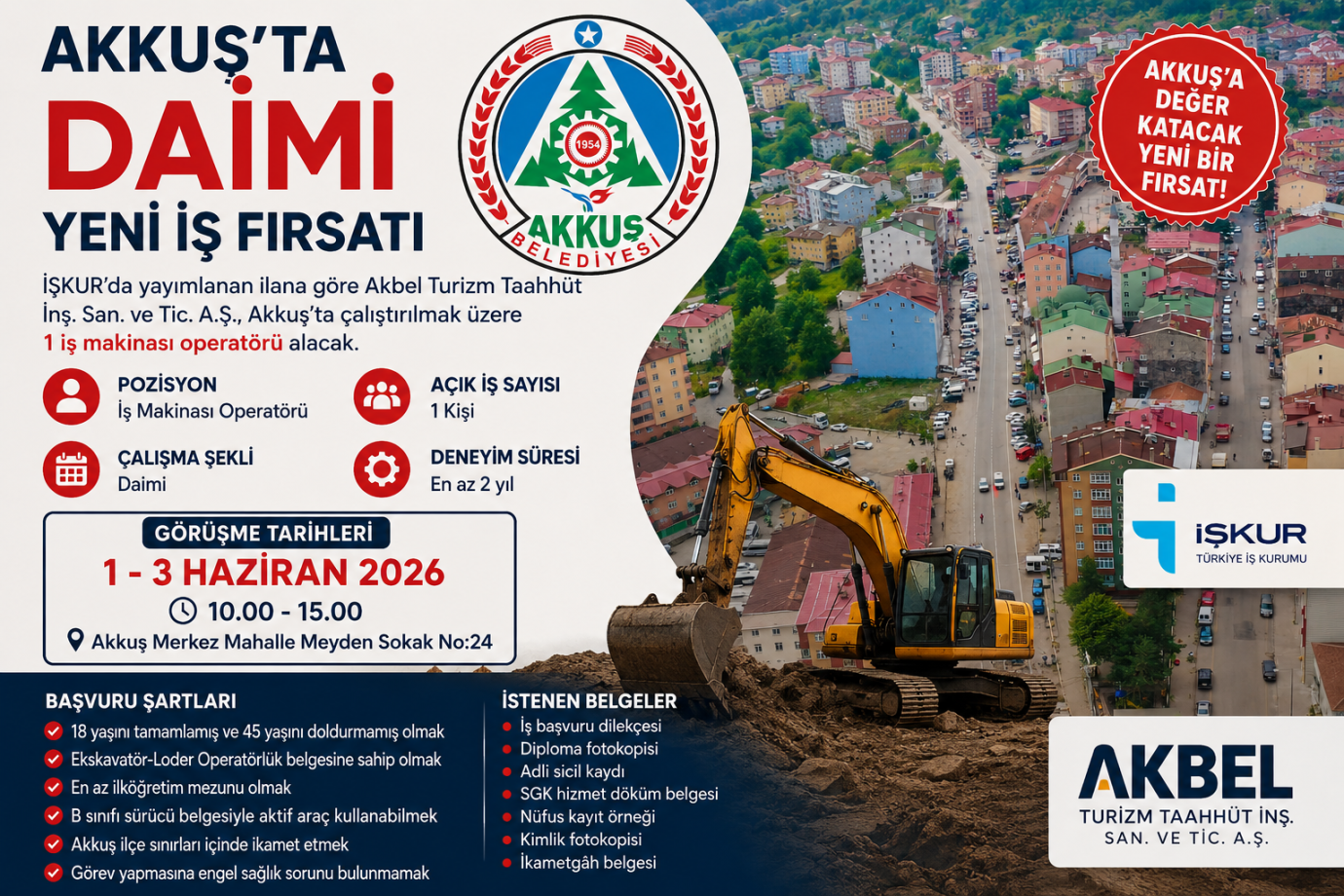 Akkuş’ta İş Makinası Operatörü Alımı Yapılacak