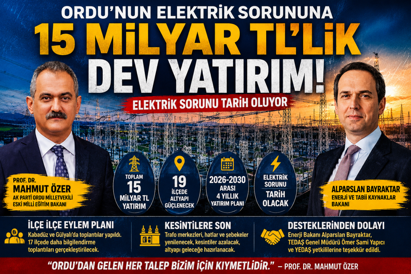 ORDU’NUN ELEKTRİK SORUNUNA 15 MİLYAR LİRALIK DEV ÇÖZÜM