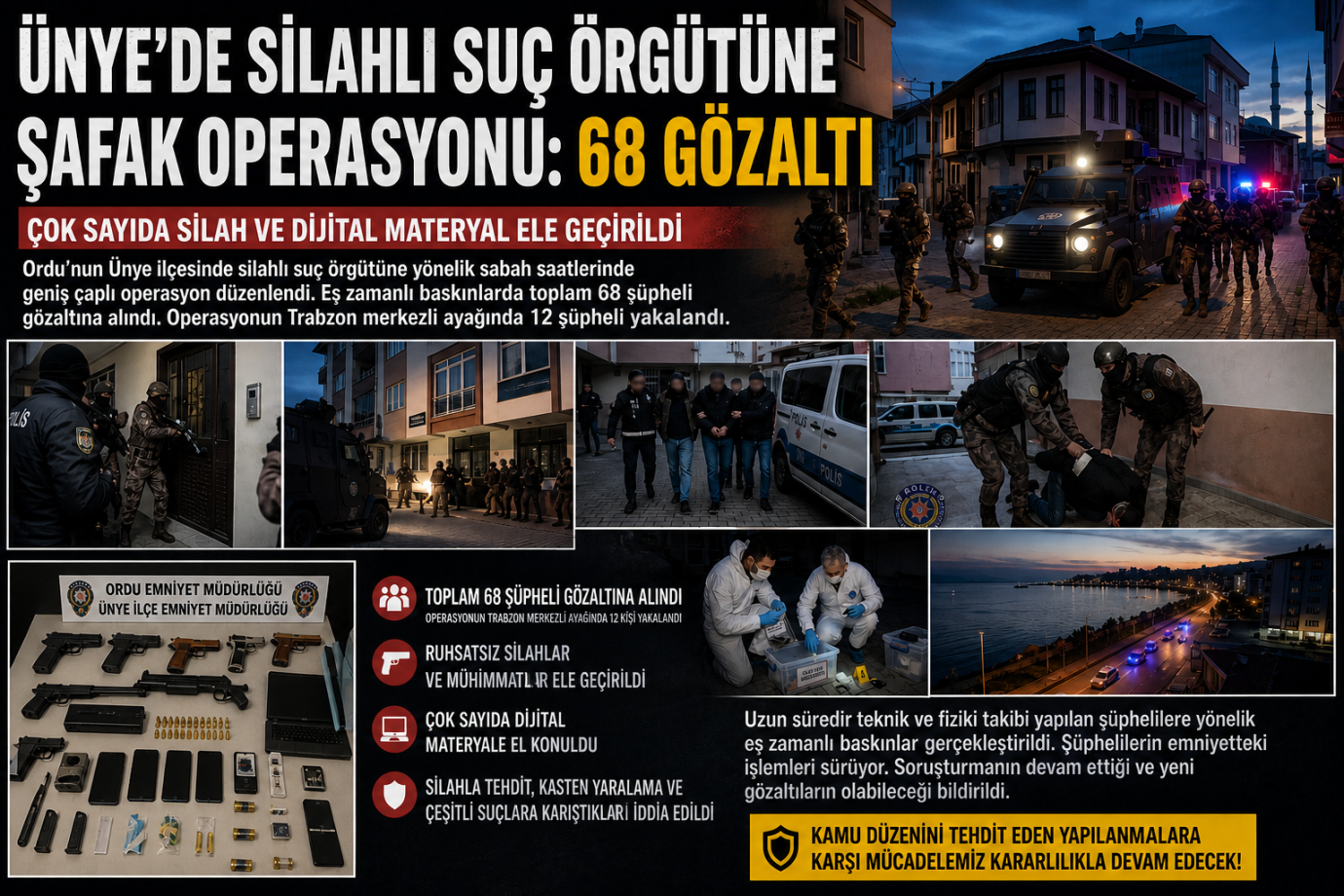 Ünye’de Şafak Operasyonu: 68 Gözaltı, Silah ve Dijital Materyaller Ele Geçirildi