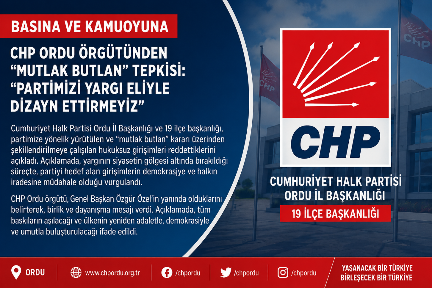 CHP Ordu Örgütünden “Mutlak Butlan” Tepkisi: “Partimizi Yargı Eliyle Dizayn Ettirmeyiz”