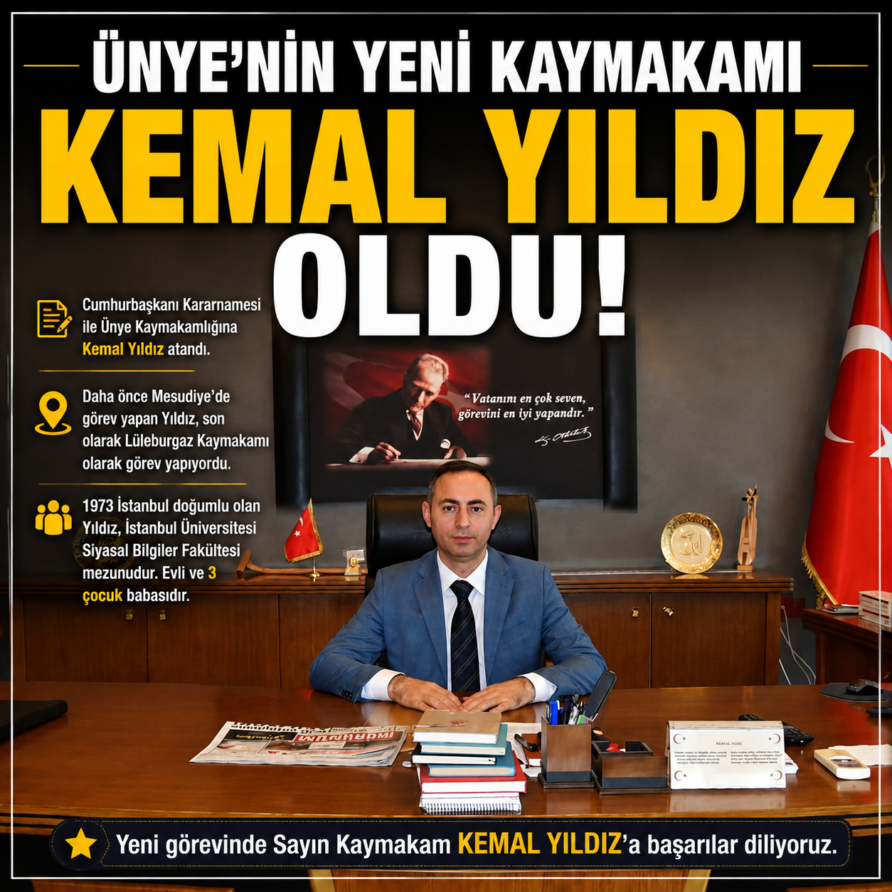 Ünye'nin Yeni Kaymakamı Kemal Yıldız Oldu