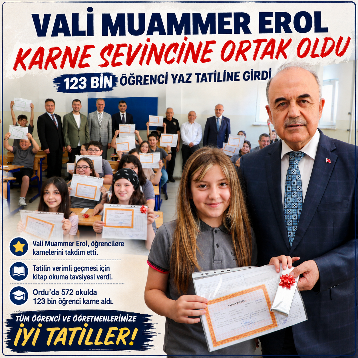VALİ EROL, ÖĞRENCİLERİN KARNE SEVİNCİNE ORTAK OLDU