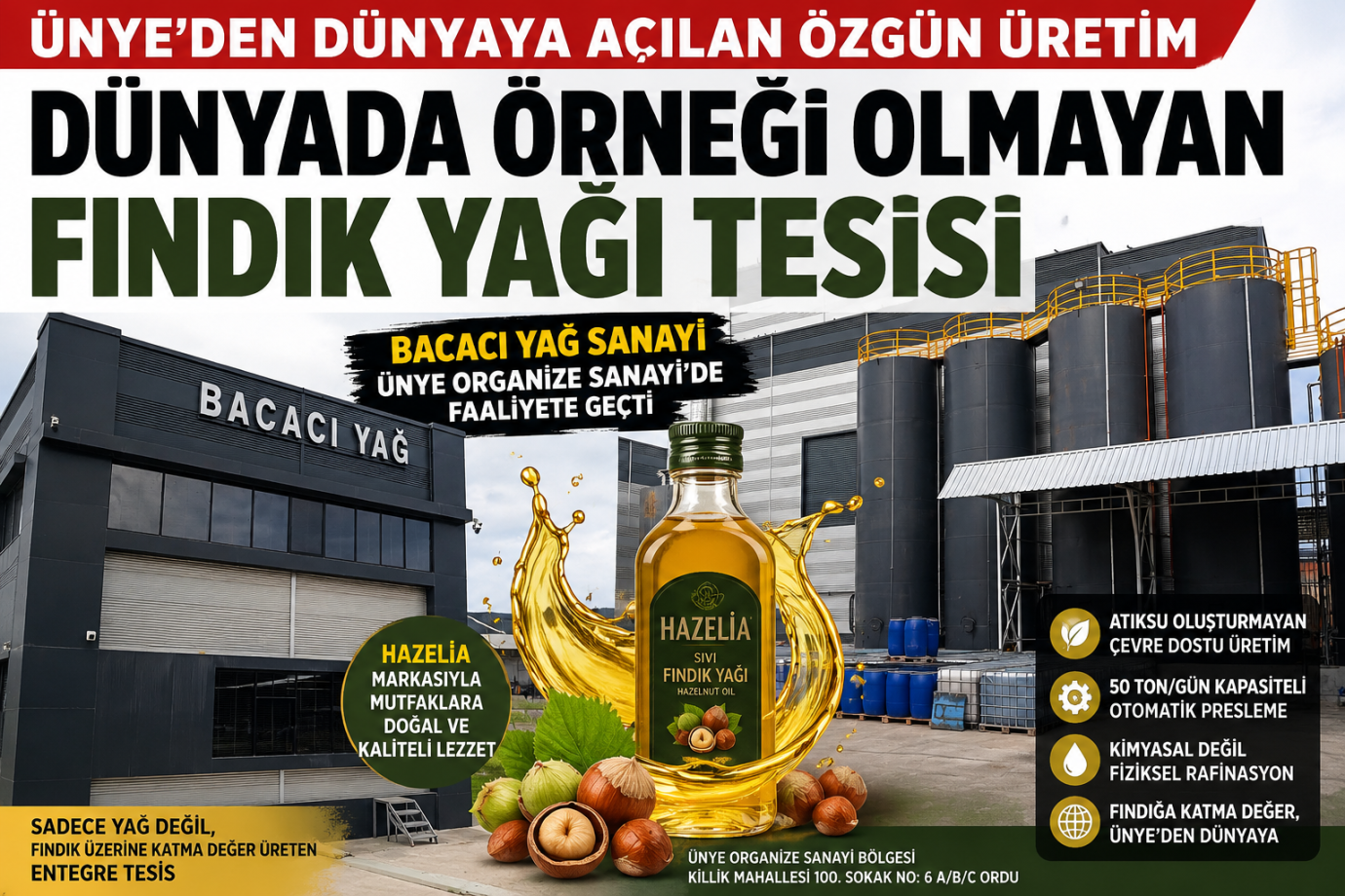 ÜNYE’DEN DÜNYAYA AÇILAN FINDIK YAĞI TESİSİ